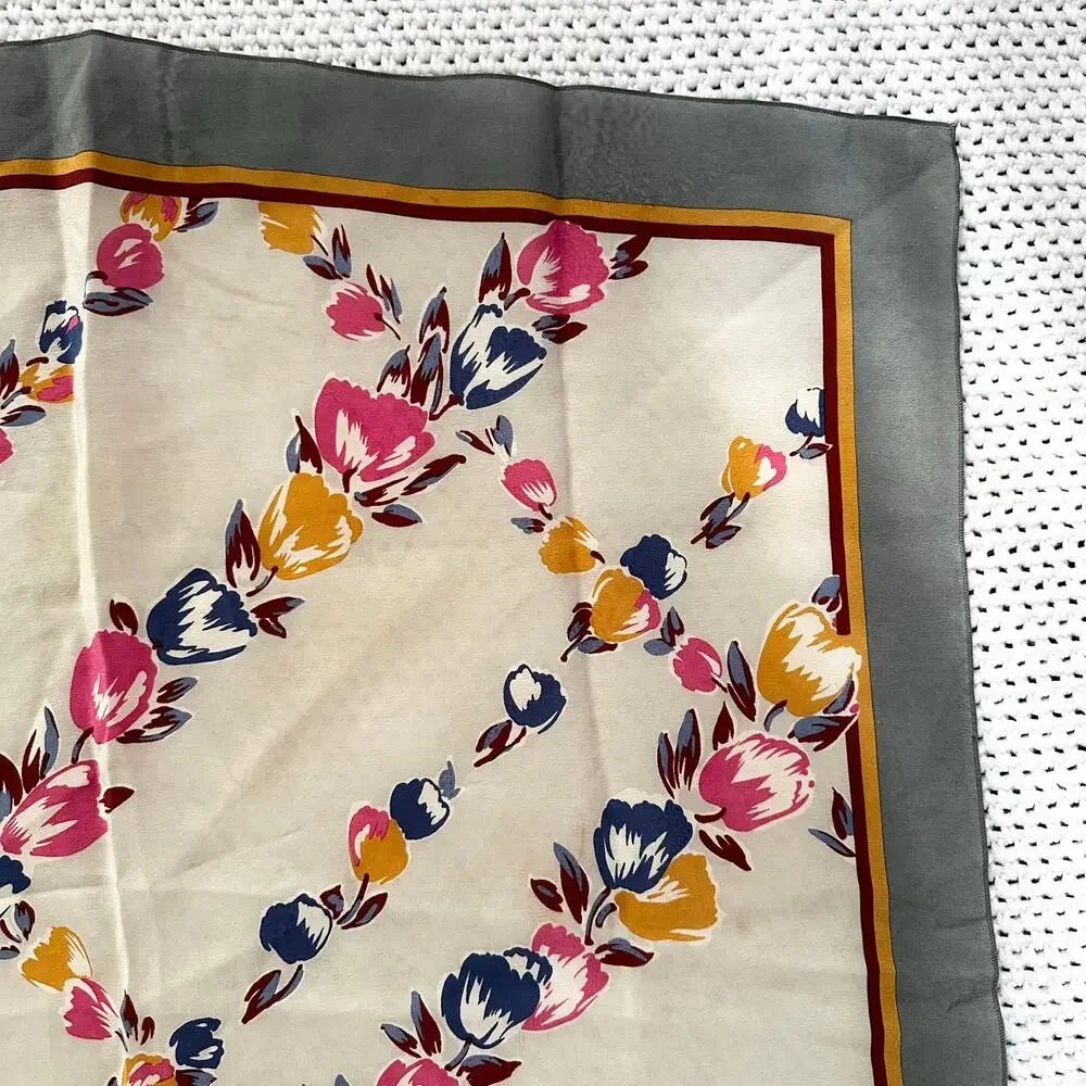 Christian Dior Vintage Grey Square Border Floral Diagonal Grid Silk Scarf Read